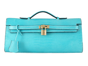 HERMES KELLY POCHETTE LONGUE LIZARD LEATHER BLUE