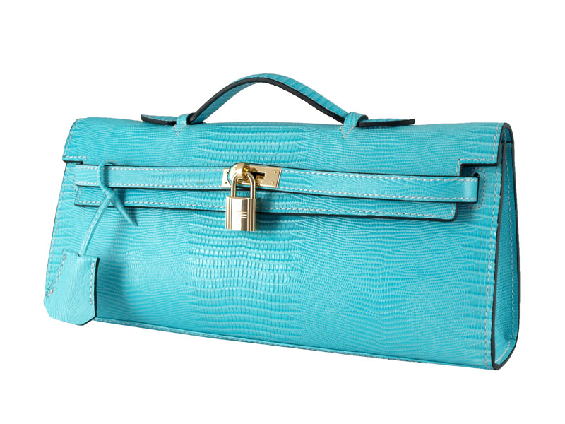 HERMES KELLY POCHETTE LONGUE LIZARD LEATHER BLUE