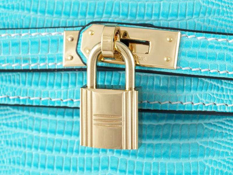 HERMES KELLY POCHETTE LONGUE LIZARD LEATHER BLUE