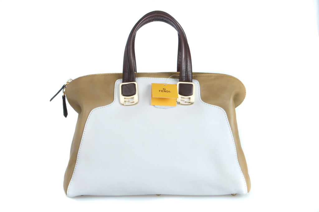 SPRING SUMMER 2012 FENDI COLORBLOCK CHAMELEON CONVERTIBLE TOTE BEIGE/WHITE/BROWN