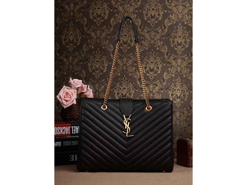 YVES SAINT LAURENT CLASSIC MONOGRAMME SHOPPING BAG IN BLACK GRAIN DE POUDRE TEXTURED MATELASSE LEATHER