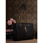 YVES SAINT LAURENT CLASSIC MONOGRAMME SHOPPING BAG IN BLACK GRAIN DE POUDRE TEXTURED MATELASSE LEATHER