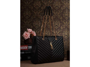 YVES SAINT LAURENT CLASSIC MONOGRAMME SHOPPING BAG IN BLACK GRAIN DE POUDRE TEXTURED MATELASSE LEATHER