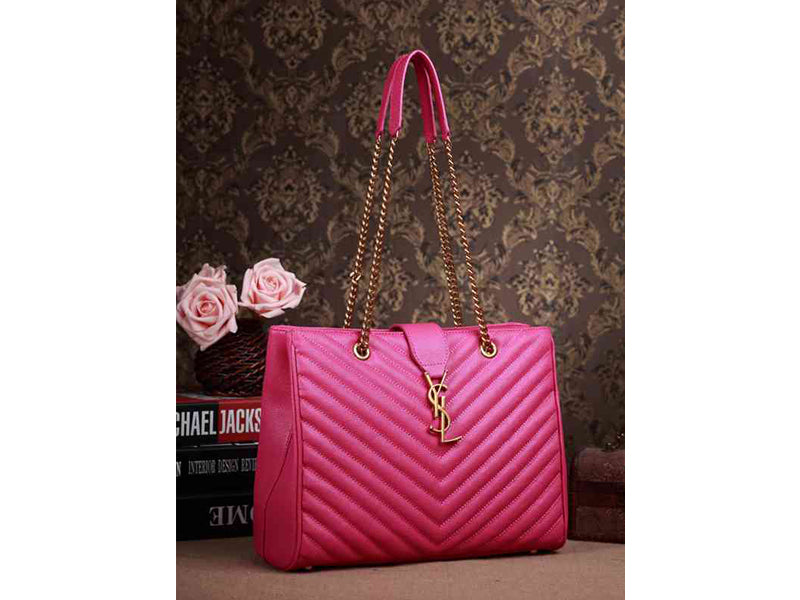 YVES SAINT LAURENT CLASSIC MONOGRAMME SHOPPING BAG IN LIPSTICK FUCHSIA GRAIN DE POUDRE TEXTURED MATELASSE LEATHER