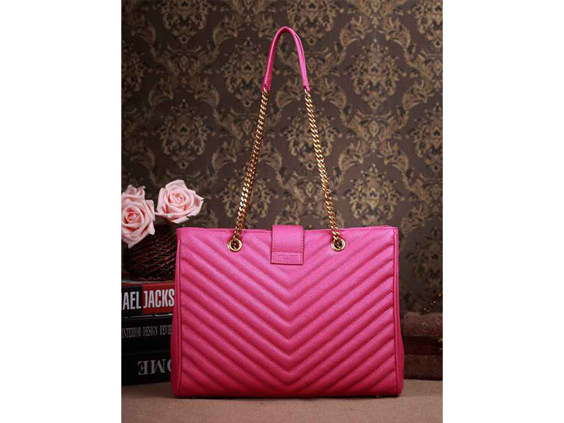 YVES SAINT LAURENT CLASSIC MONOGRAMME SHOPPING BAG IN LIPSTICK FUCHSIA GRAIN DE POUDRE TEXTURED MATELASSE LEATHER