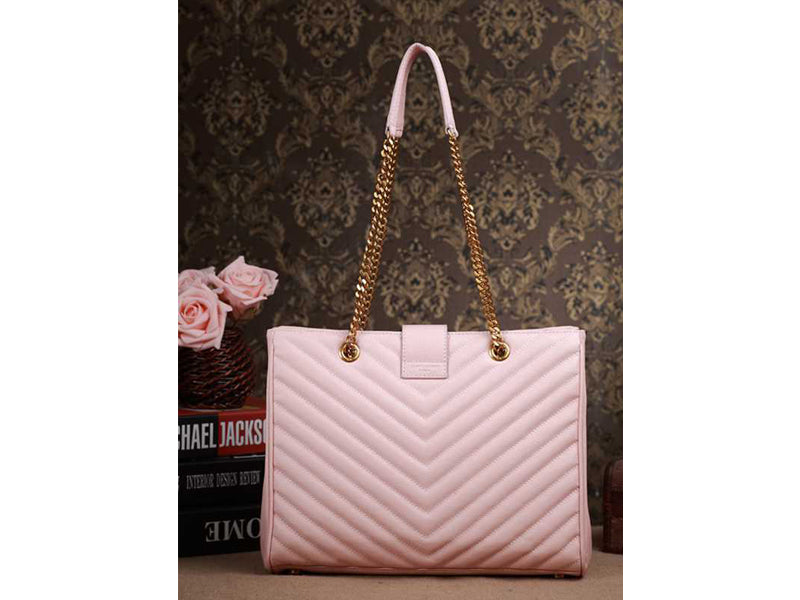 YVES SAINT LAURENT CLASSIC MONOGRAMME SHOPPING BAG IN PINK GRAIN DE POUDRE TEXTURED MATELASSE LEATHER