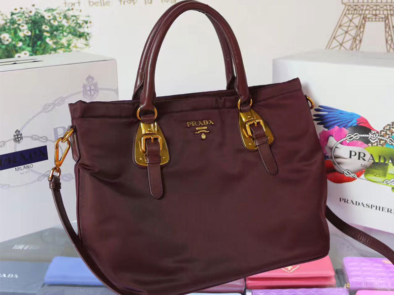 PRADA TESSUTO NYLON SOFT CALF LEATHER SHIPPING TOTE BURGUNDY