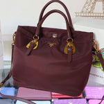 PRADA TESSUTO NYLON SOFT CALF LEATHER SHIPPING TOTE BURGUNDY