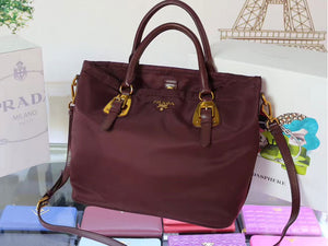 PRADA TESSUTO NYLON SOFT CALF LEATHER SHIPPING TOTE BURGUNDY