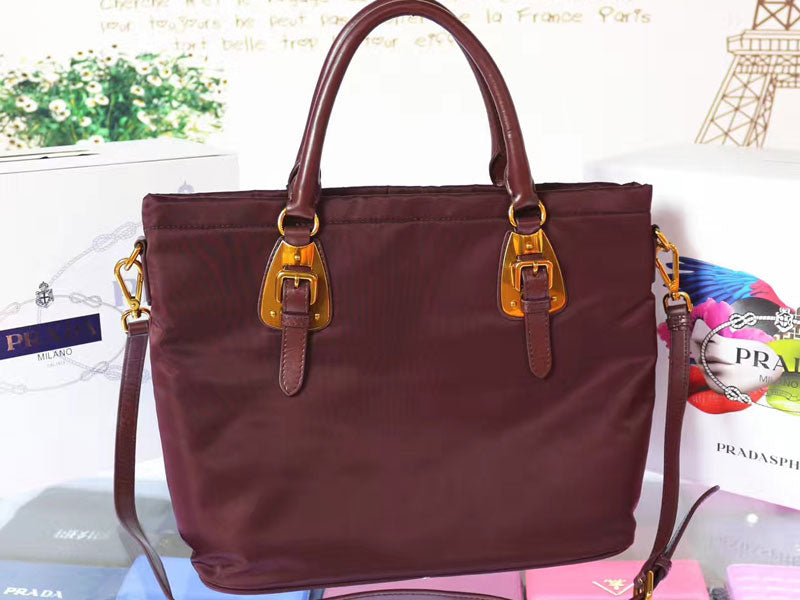 PRADA TESSUTO NYLON SOFT CALF LEATHER SHIPPING TOTE BURGUNDY