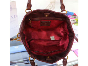 PRADA TESSUTO NYLON SOFT CALF LEATHER SHIPPING TOTE BURGUNDY