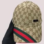 GUCCI BROWN GG CANVAS BASEBALL CAP WITH WEB