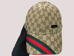 GUCCI BROWN GG CANVAS BASEBALL CAP WITH WEB