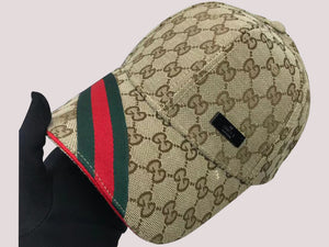 GUCCI BROWN GG CANVAS BASEBALL CAP WITH WEB