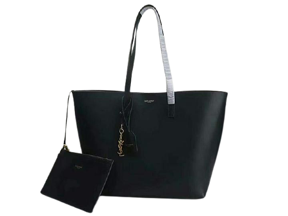 SAINT LAURENT LARGE LEATHER YSL SHOPPER TOTE BLACK