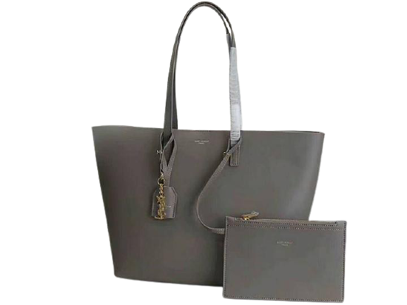 SAINT LAURENT LARGE LEATHER YSL SHOPPER TOTE GREY