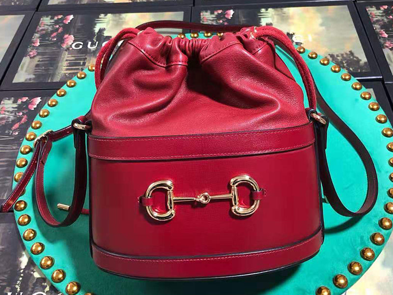 GUCCI 1955 HORSEBIT LEATHER BUCKET BAG RED 602118