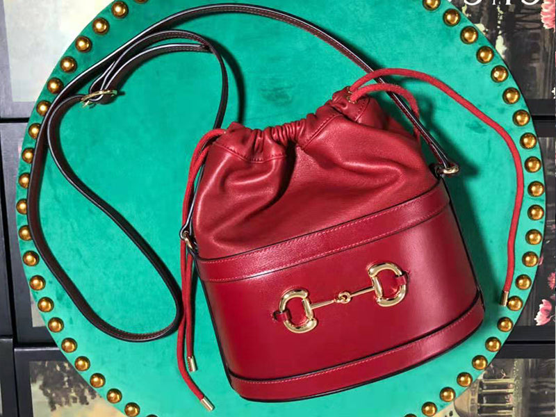 GUCCI 1955 HORSEBIT LEATHER BUCKET BAG RED 602118