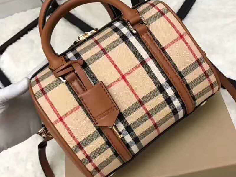 BURBERRY BOSTON BAG IN VINTAGE CHECK AND LEATHER BROWN