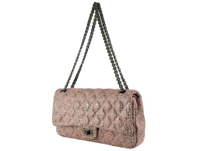 CHANEL 2.55 DOUBLE FLAP CROC LEATHER EFFECT PINK