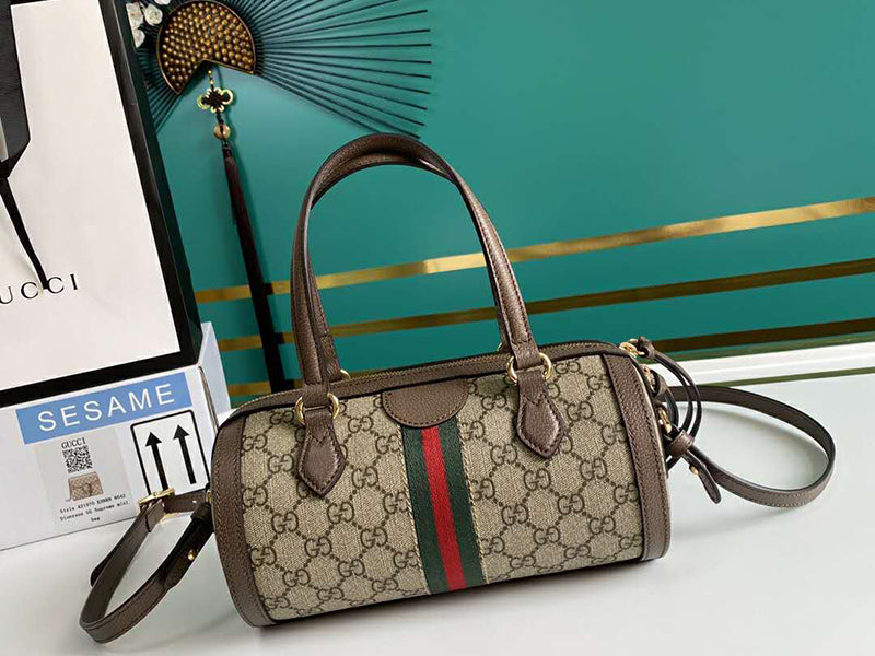 GUCCI OPHIDIA GG SMALL BOSTON BAG BROWN