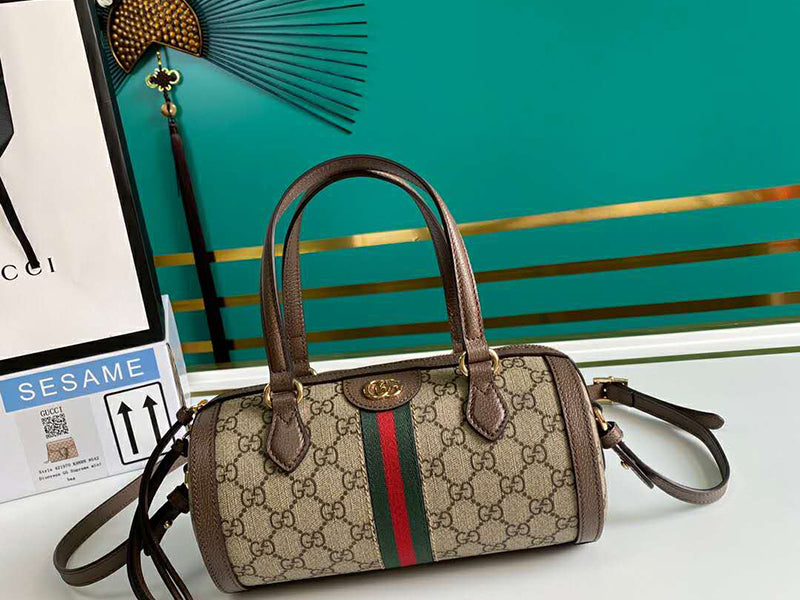 GUCCI OPHIDIA GG SMALL BOSTON BAG BROWN