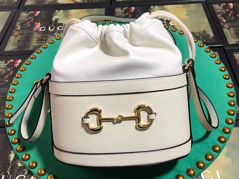 GUCCI 1955 HORSEBIT LEATHER BUCKET BAG WHITE 602118