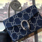 GUCCI DIONYSUS GG SUPREME VELVET CHAIN WALLET BLUE