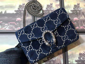 GUCCI DIONYSUS GG SUPREME VELVET CHAIN WALLET BLUE