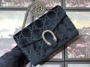 GUCCI DIONYSUS GG SUPREME VELVET CHAIN WALLET BLACK