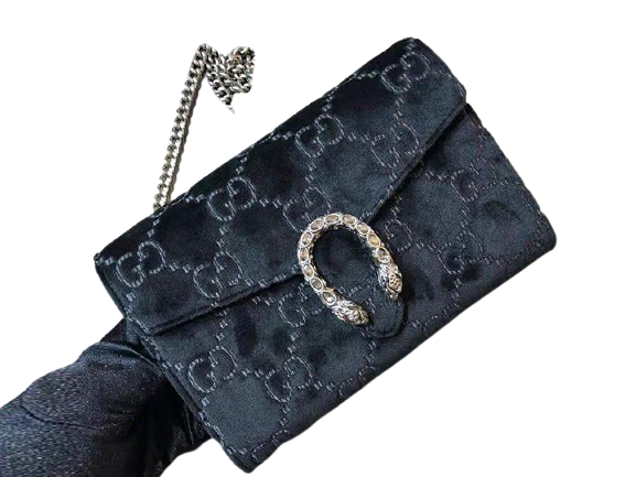 GUCCI DIONYSUS GG SUPREME VELVET CHAIN WALLET BLACK