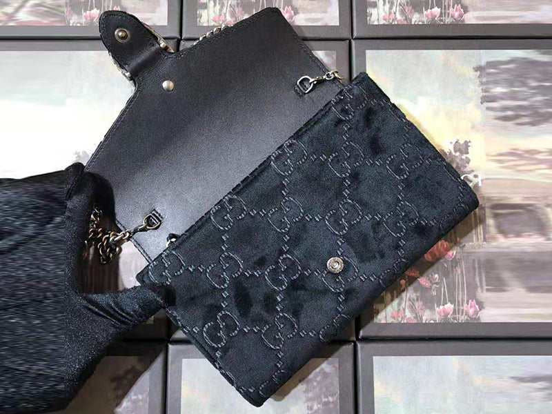 GUCCI DIONYSUS GG SUPREME VELVET CHAIN WALLET BLACK