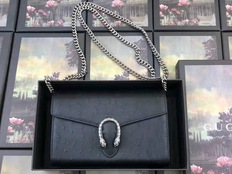 GUCCI DIONYSUS GG SUPREME OSTRICH LEATHER CHAIN WALLET BLACK