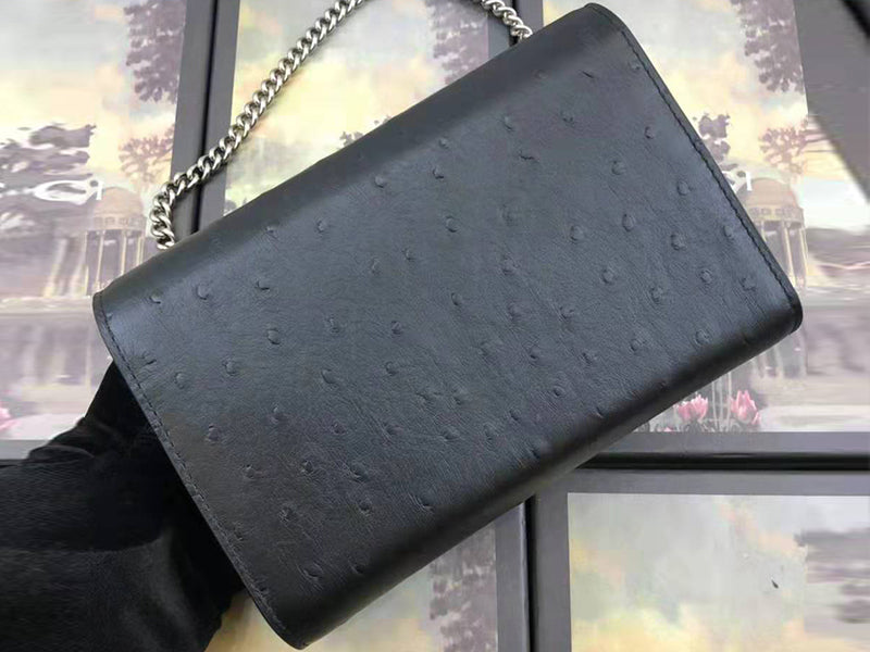 GUCCI DIONYSUS GG SUPREME OSTRICH LEATHER CHAIN WALLET BLACK