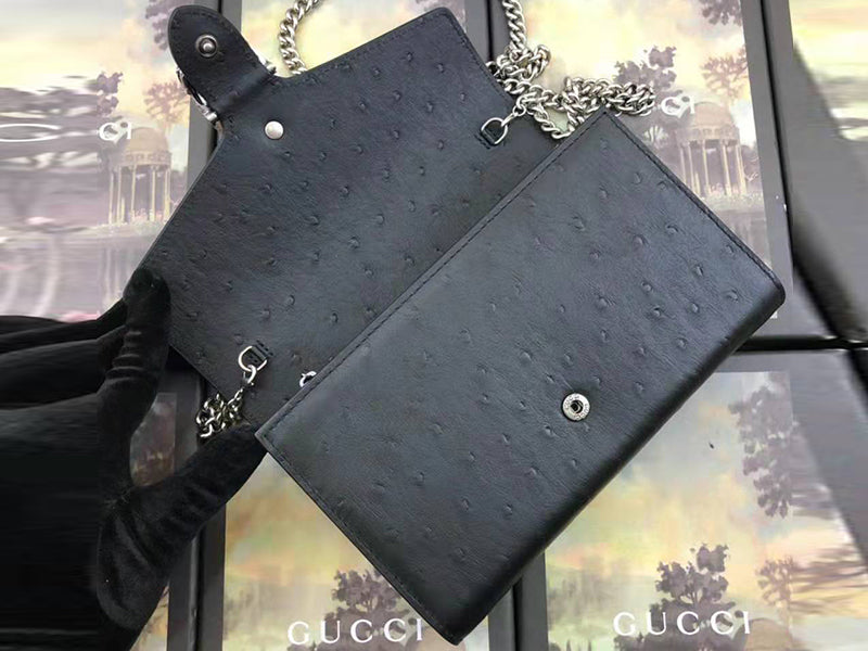 GUCCI DIONYSUS GG SUPREME OSTRICH LEATHER CHAIN WALLET BLACK