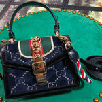 GUCCI SYLVIE MINI BAG BLUE GG VELVET WITH BLACK LEATHER TRIM