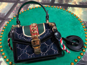 GUCCI SYLVIE MINI BAG BLUE GG VELVET WITH BLACK LEATHER TRIM