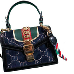 GUCCI SYLVIE MINI BAG BLUE GG VELVET WITH BLACK LEATHER TRIM