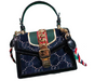 GUCCI SYLVIE MINI BAG BLUE GG VELVET WITH BLACK LEATHER TRIM