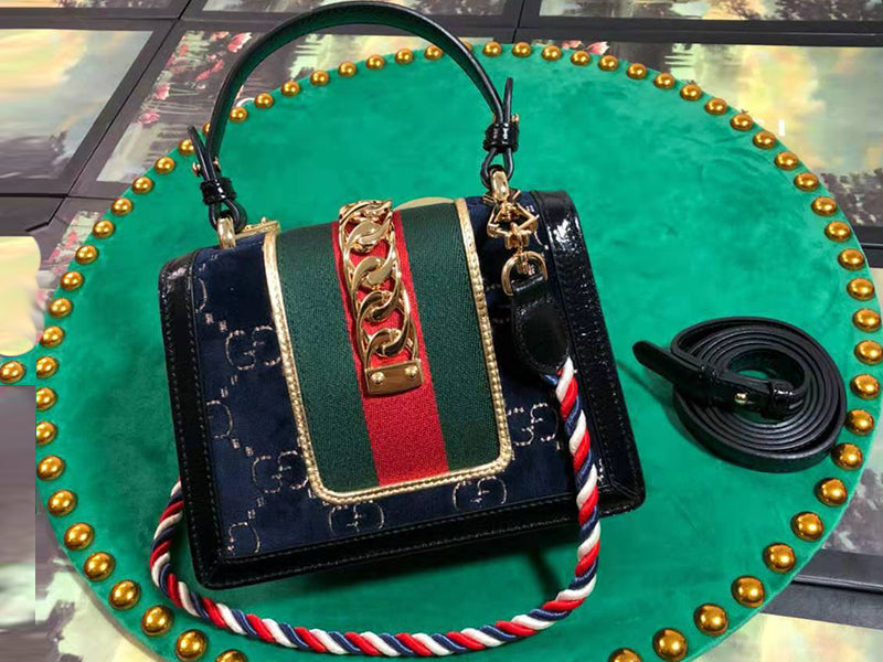 GUCCI SYLVIE MINI BAG BLUE GG VELVET WITH BLACK LEATHER TRIM