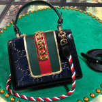 GUCCI SYLVIE MINI BAG BLUE GG VELVET WITH BLACK LEATHER TRIM