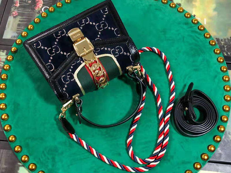 GUCCI SYLVIE MINI BAG BLUE GG VELVET WITH BLACK LEATHER TRIM