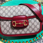 GUCCI 1955 HORSEBIT BAG BEIGE EBONY GG SUPREME WITH RED LEATHER TRIM 602204