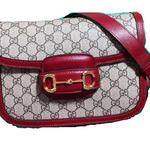 GUCCI 1955 HORSEBIT BAG BEIGE EBONY GG SUPREME WITH RED LEATHER TRIM 602204