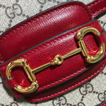 GUCCI 1955 HORSEBIT BAG BEIGE EBONY GG SUPREME WITH RED LEATHER TRIM 602204