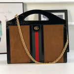 GUCCI SUEDE OPHIDIA WEB MEDIUM TOP HANDLE TOTE BAG BROWN