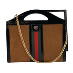 GUCCI SUEDE OPHIDIA WEB MEDIUM TOP HANDLE TOTE BAG BROWN