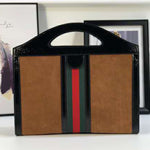 GUCCI SUEDE OPHIDIA WEB MEDIUM TOP HANDLE TOTE BAG BROWN