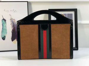 GUCCI SUEDE OPHIDIA WEB MEDIUM TOP HANDLE TOTE BAG BROWN