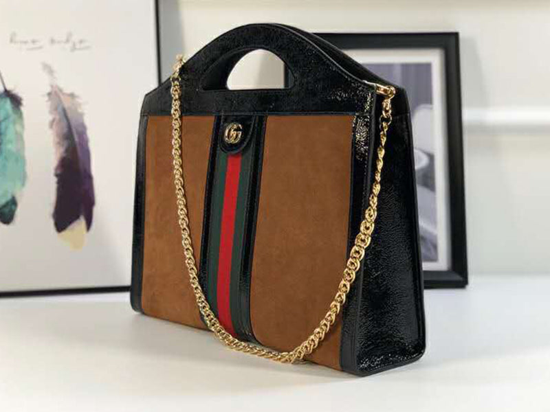 GUCCI SUEDE OPHIDIA WEB MEDIUM TOP HANDLE TOTE BAG BROWN